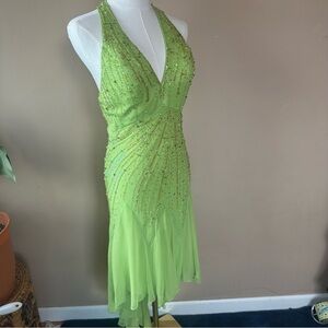 100% silk beaded green Halter Dress